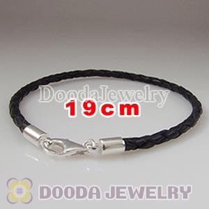 19cm Black Braided Leather Bracelet with Sterling Lobster Clasp