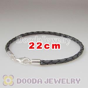 22cm Grey Braided Leather Bracelet with Sterling Lobster Clasp