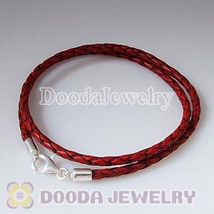 40cm Red Braided Double Leather Bracelet with Sterling Lobster Clasp