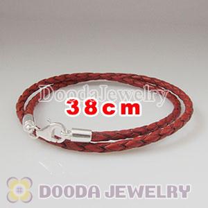 38cm Red Braided Double Leather Bracelet with Sterling Lobster Clasp