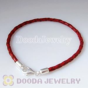 26cm Red Braided Leather Bracelet with Sterling Lobster Clasp