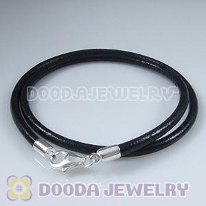 38cm Double Slippy Black Leather Bracelet with Sterling Lobster Clasp