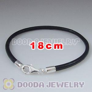 18cm Single Slippy Black Leather Bracelet with Sterling Lobster Clasp