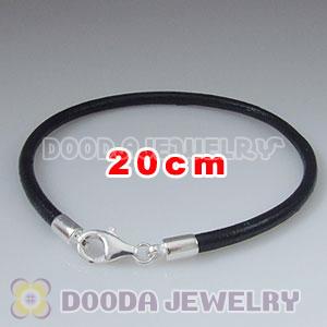 20cm Single Slippy Black Leather Bracelet with Sterling Lobster Clasp