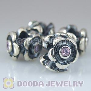 925 Sterling Silver European Style Flower Beads with Pink Stone