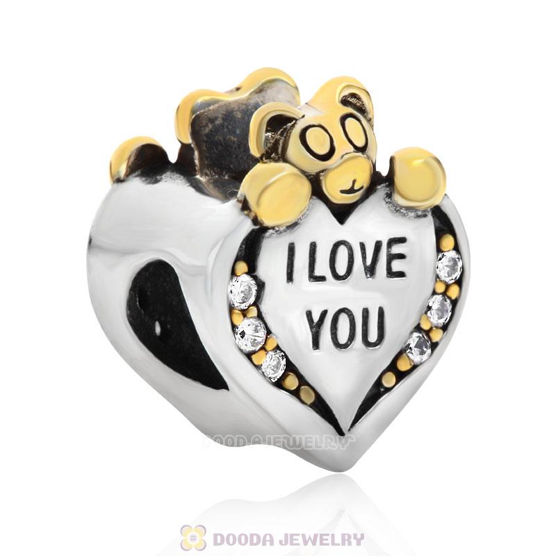 Sterling Silver Gold Plated I Love You Heart Care Bear Beads with CZ Stone