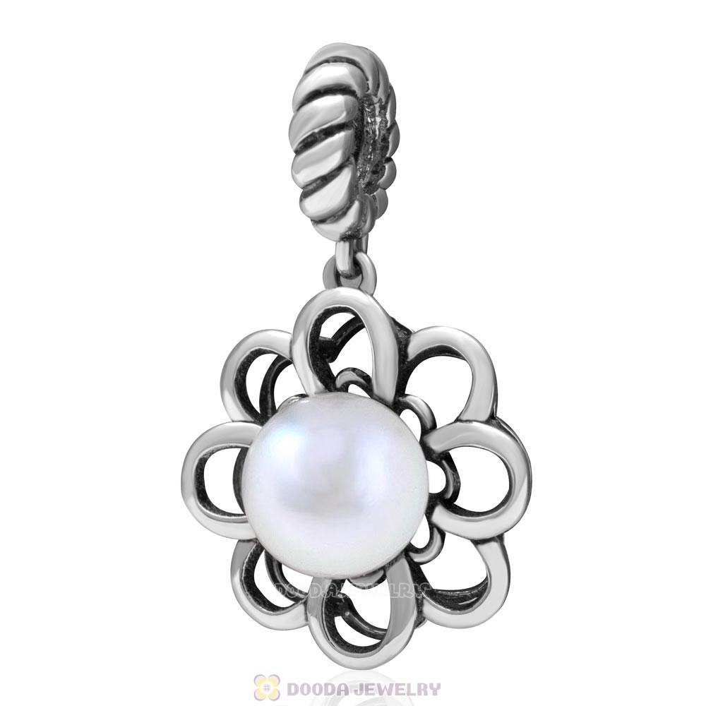 Flower Dangle Charm 925 Sterling Silver with Pearl