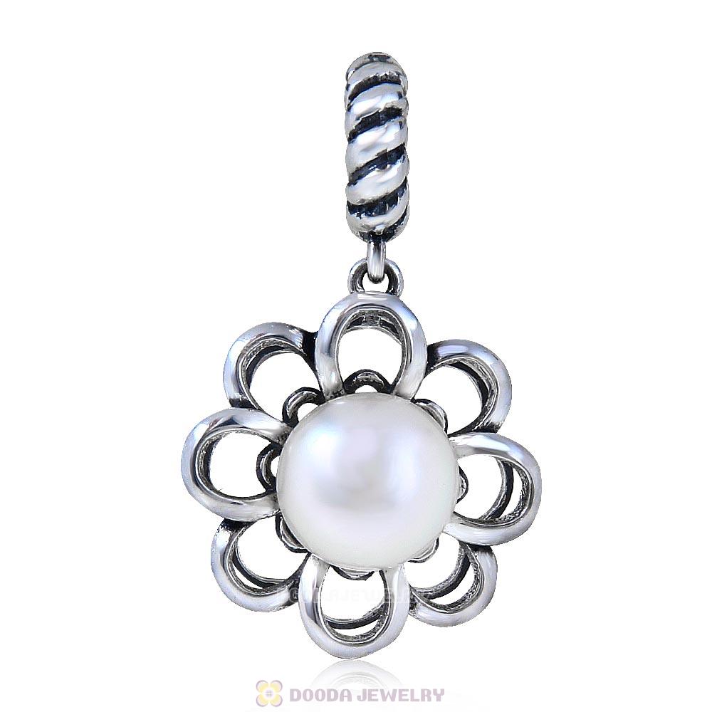 Flower Dangle Charm 925 Sterling Silver with Pearl