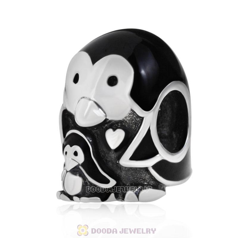 Sterling Silver Penguin Family with Black Enamel Beads European Style