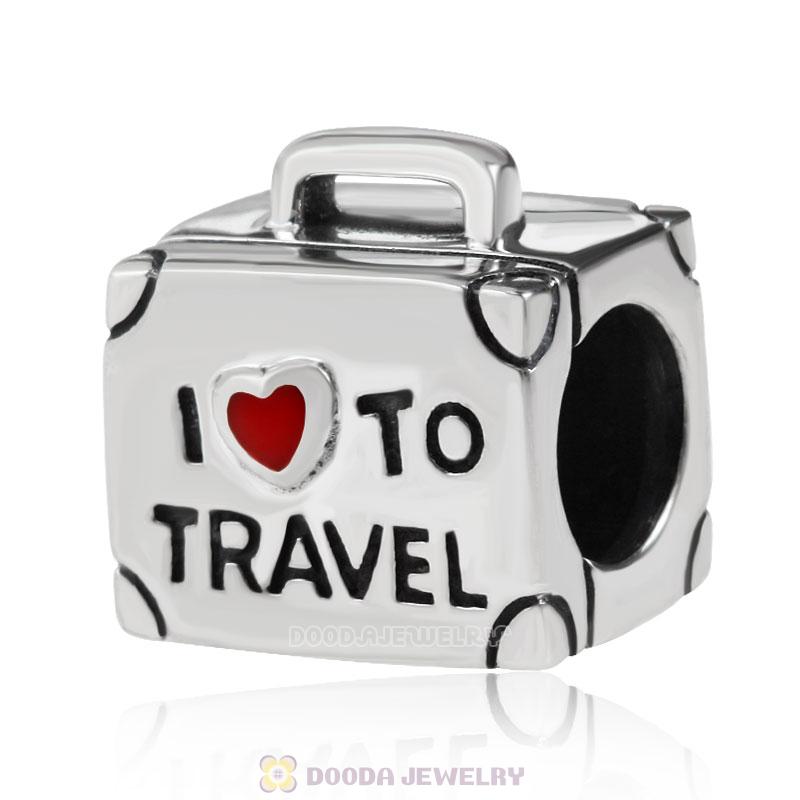 I Love to Travel 925 Sterling Silver Suitcase Bead with Red Enamel 