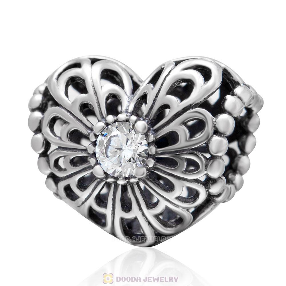 Open Heart Charm Bead with White CZ