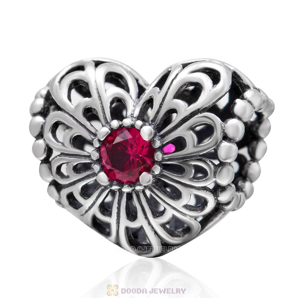 Open Heart Charm Bead with Fuchsia CZ