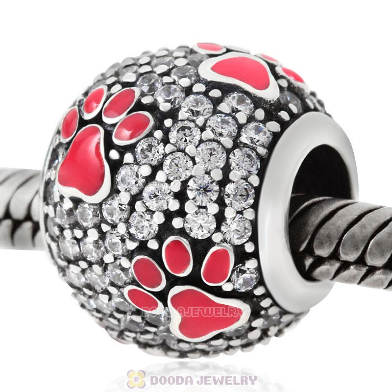 Bright Pink Dog Pawprint Charm with Clear CZ