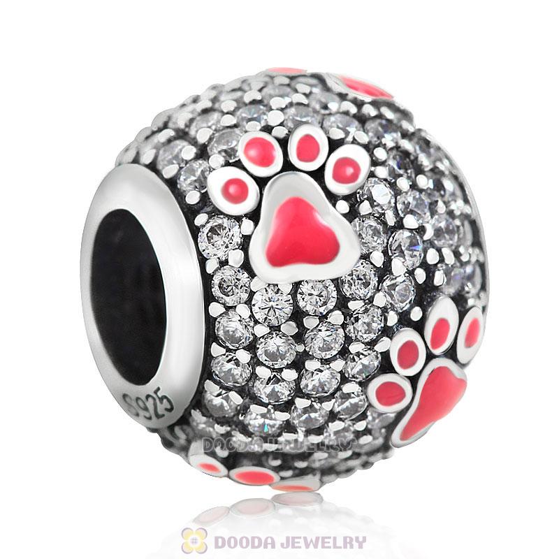 Bright Pink Dog Pawprint Charm with Clear CZ