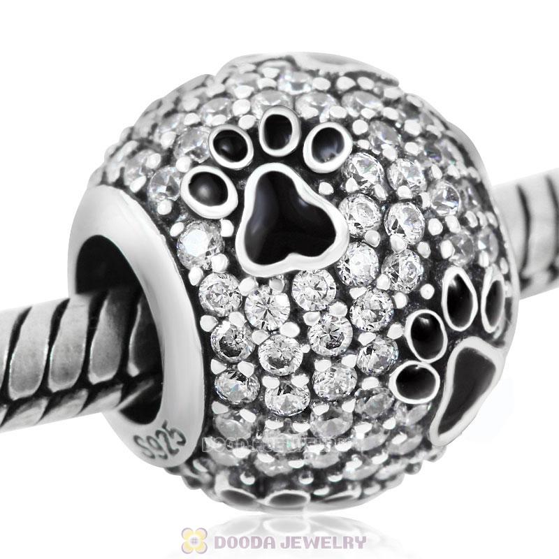 Black Dog Pawprint Charm with Clear CZ