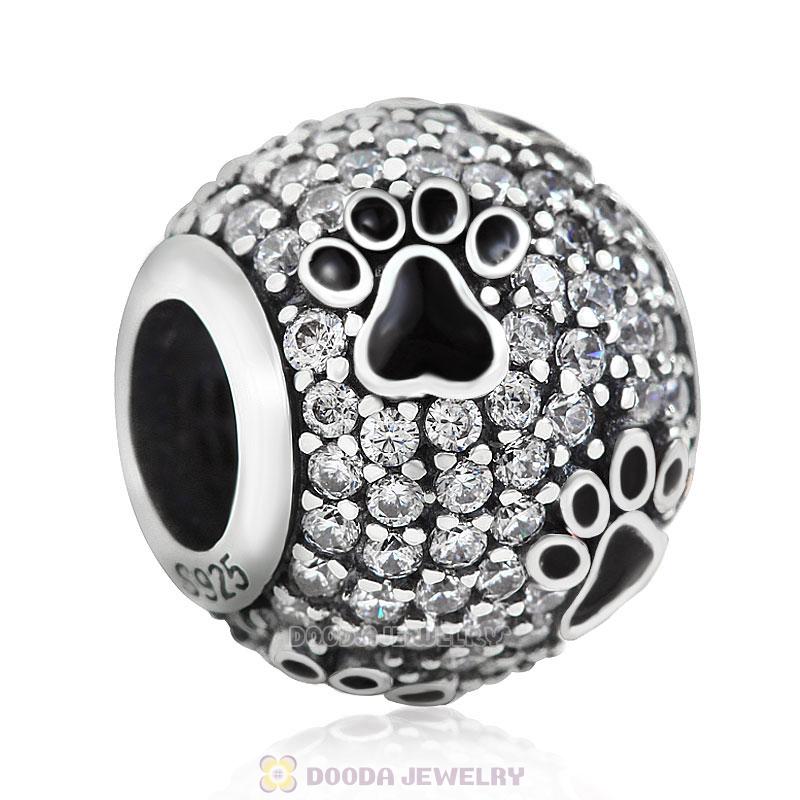 Black Dog Pawprint Charm with Clear CZ
