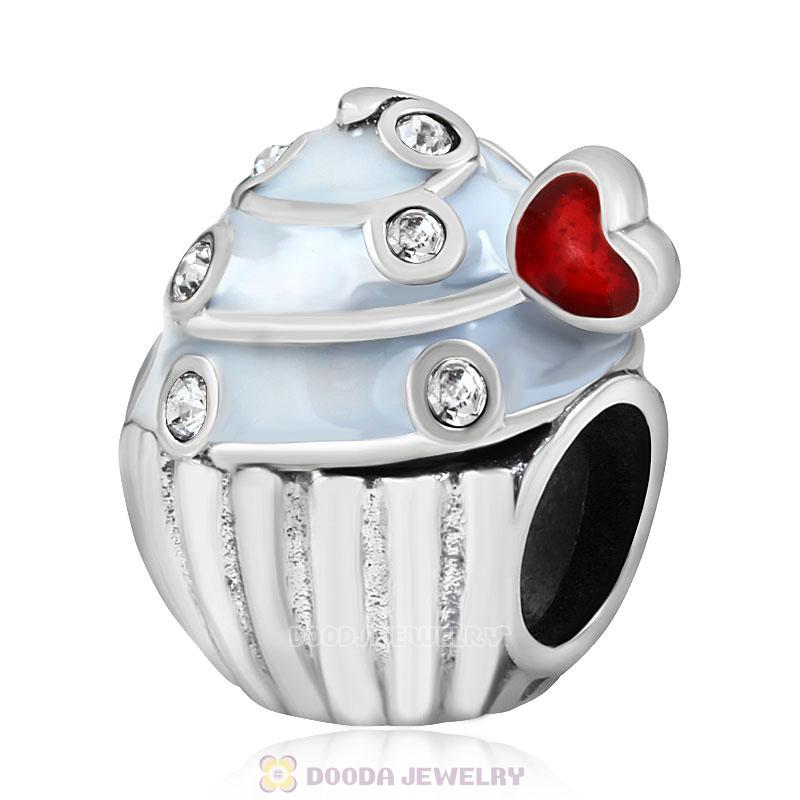 Heart Cupcake Charm Bead with Clear Austrian Crystal