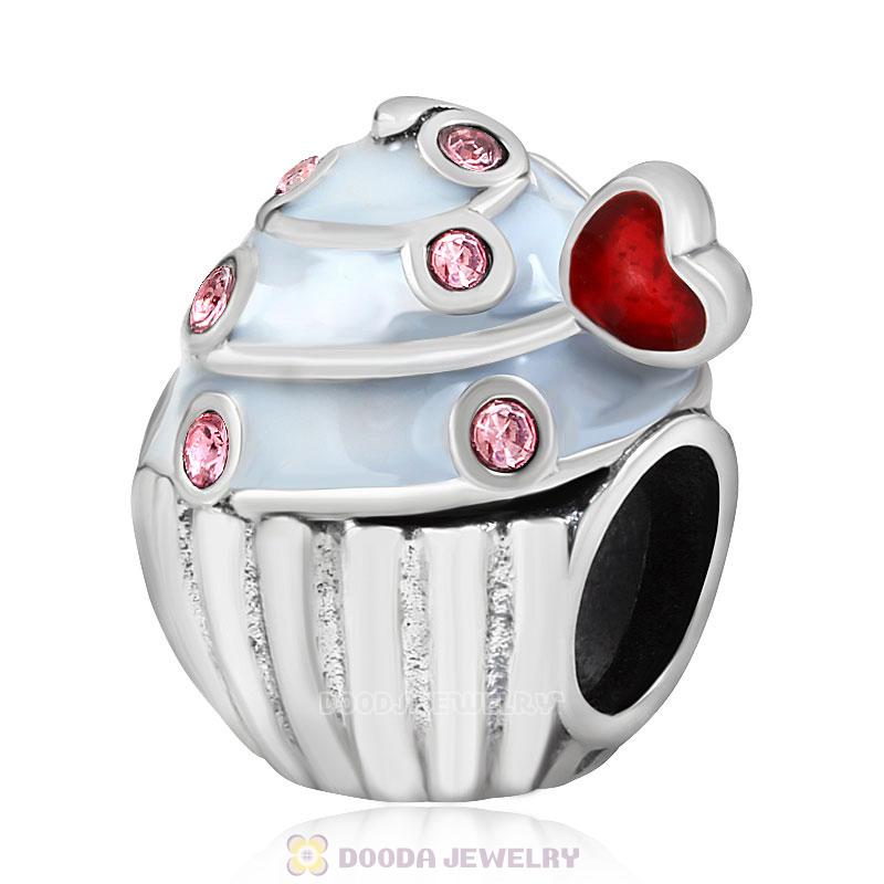 Heart Cupcake Charm Bead with Pink Austrian Crystal