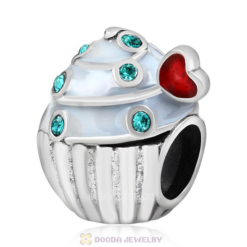 Heart Cupcake Charm Bead with Blue Zircon Austrian Crystal
