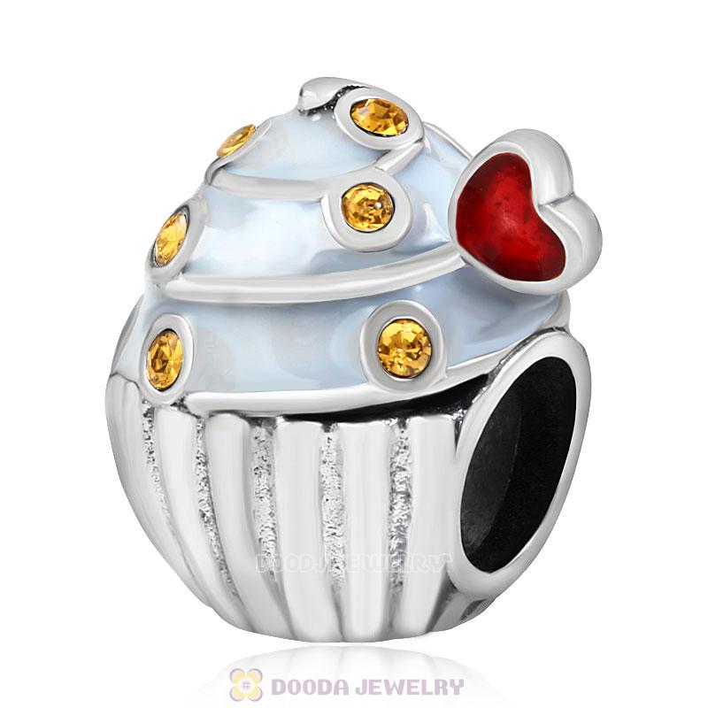 Heart Cupcake Charm Bead with Topaz Austrian Crystal