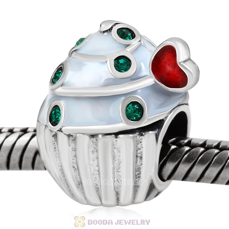Heart Cupcake Charm Bead with Emerald Austrian Crystal