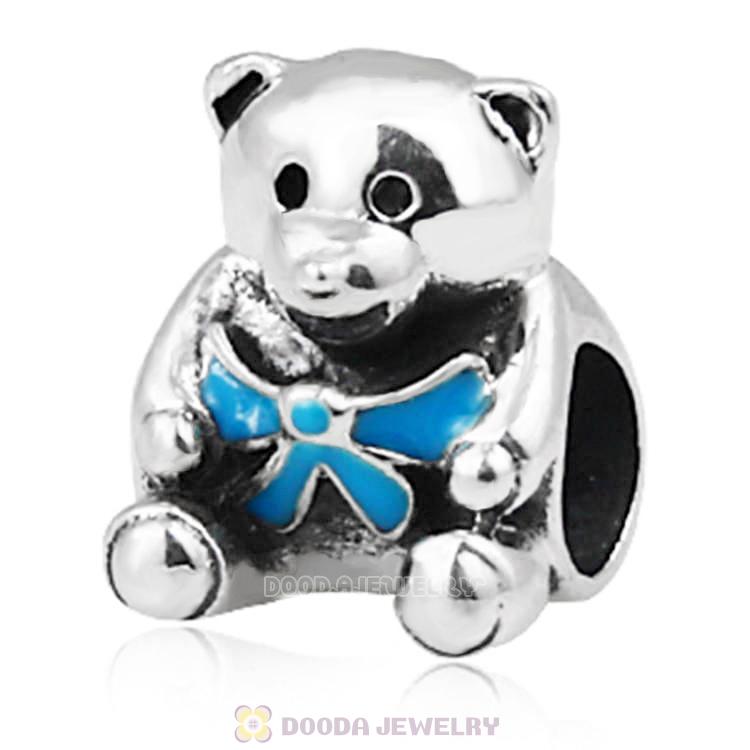 Sterling Silver It is A Boy Teddy Bear with Blue Ribbon Charm Beads