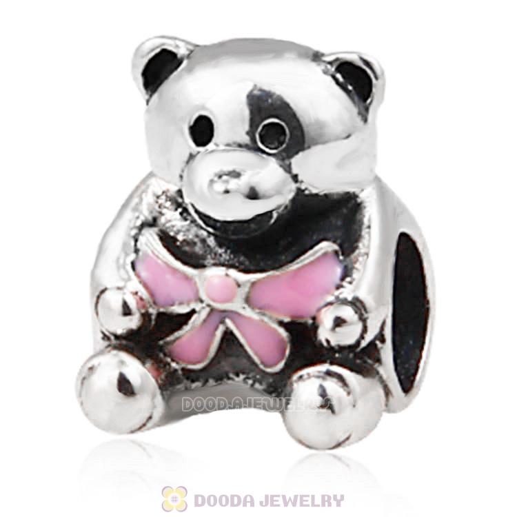 Sterling Silver It is A Girl Teddy Bear with PInk Ribbon Charm Beads