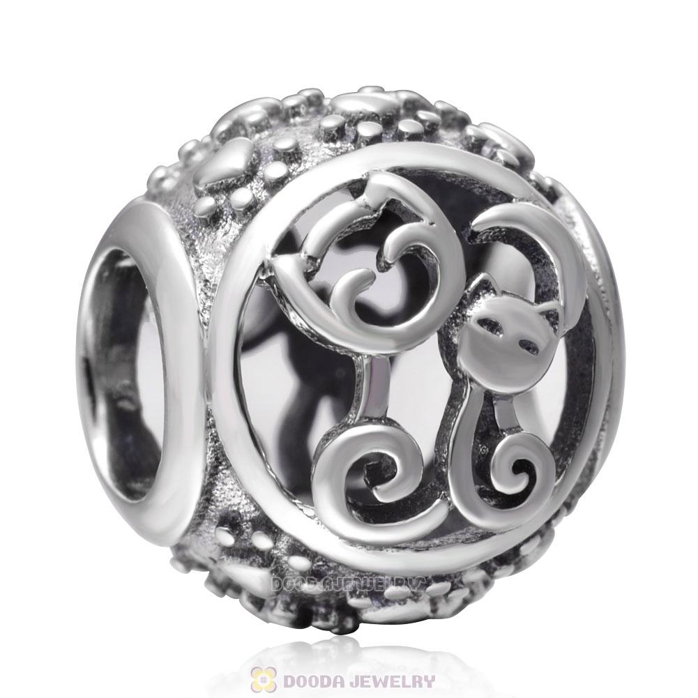Mother Baby Cat Charm Beads Antique 925 Sterling Silver  