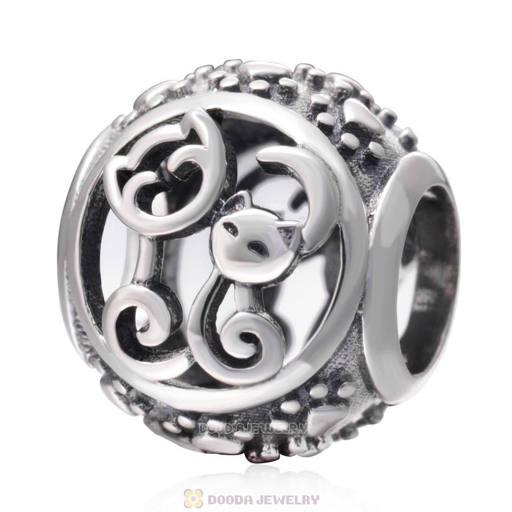 Mother Baby Cat Charm Beads Antique 925 Sterling Silver  