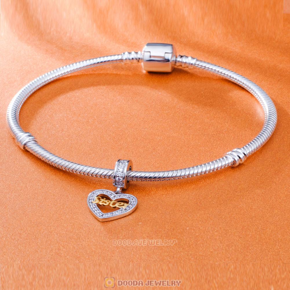 Love Sister Heart Dangle Charm Beads 925 Sterling Silver