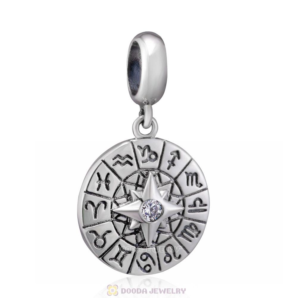 Zodiac Compass Charms Pendant 925 Sterling Silver with Clear CZ