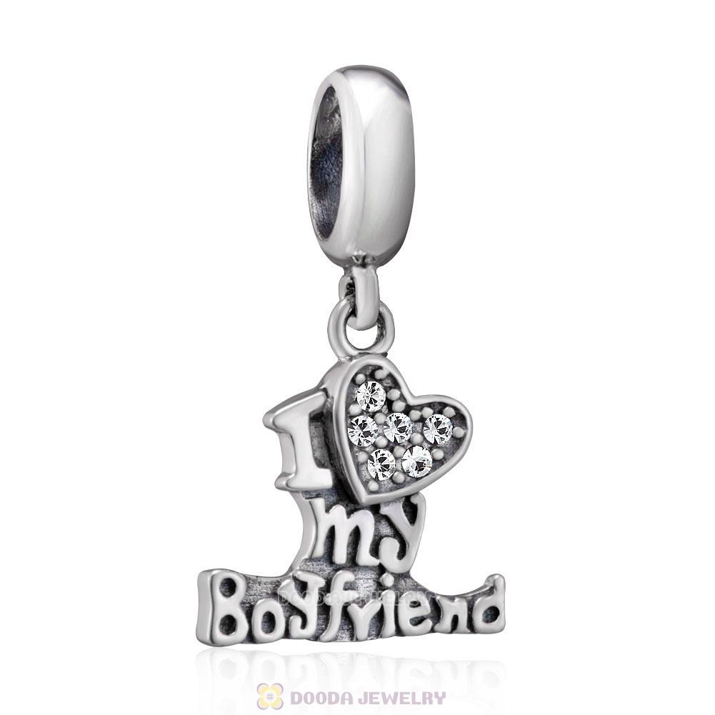 I Love my Boyfriend Charms 925 Sterling Silver with Clear Crystal