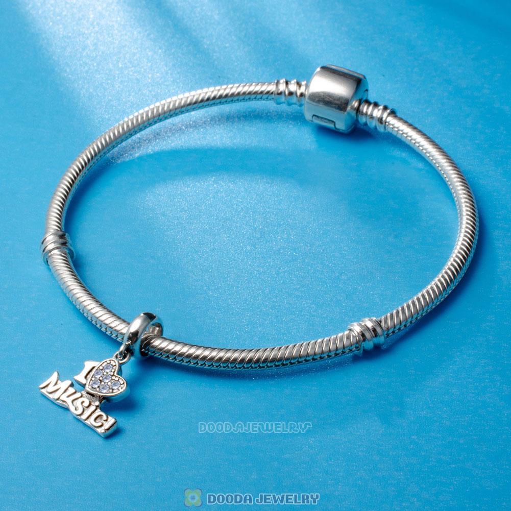 I Love my Music Charms 925 Sterling Silver with Clear Crystal