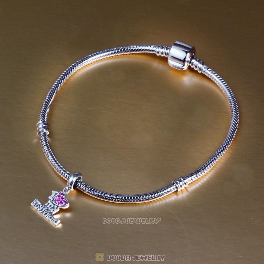 I Love my Boyfriend Charms 925 Sterling Silver with Rose Crystal