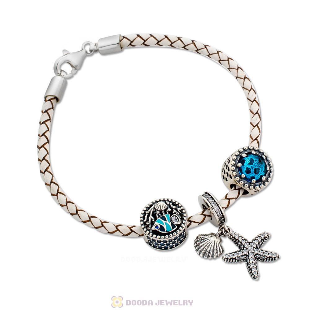 White Braided Leather Bracelet with Oceanic Starfish Charms