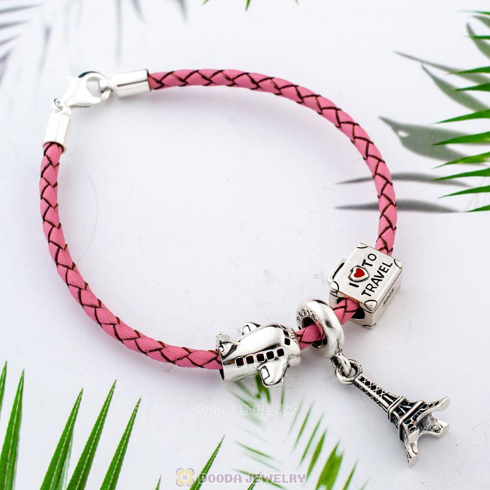 Paris Tour Pink Braided Leather Bracelet Charms Travel Lover Gifts
