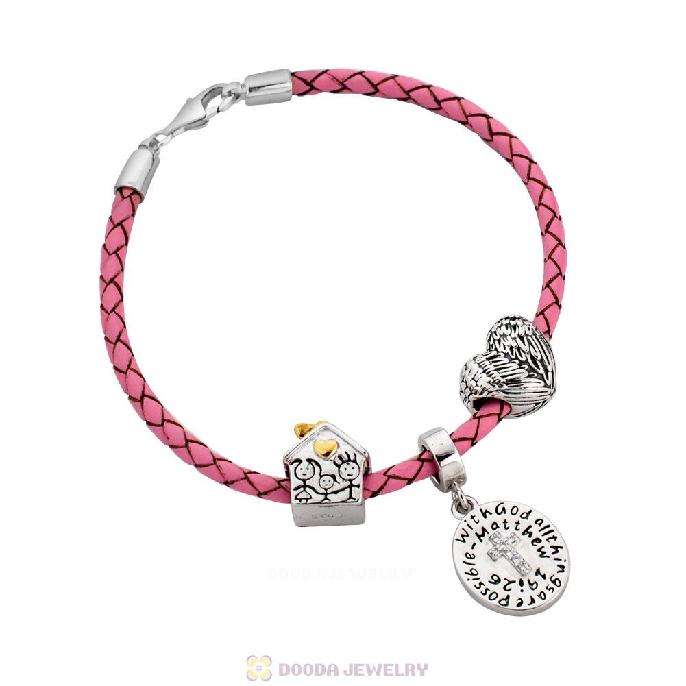 Guardian of Family Pink Braided Leather Cross Bracelet Charms