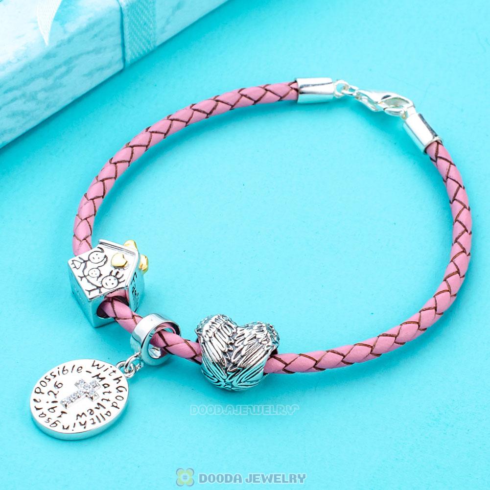 Guardian of Family Pink Braided Leather Cross Bracelet Charms