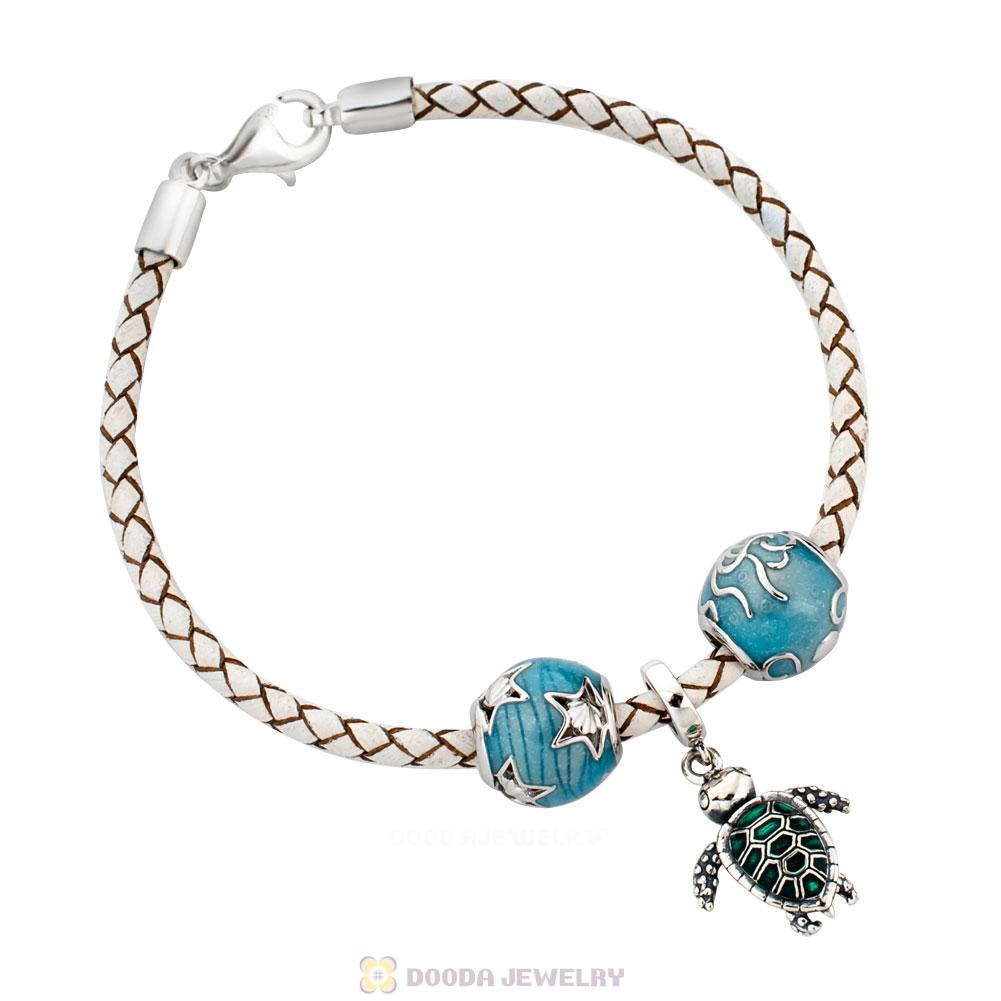 Ocean World White Braided Leather Turtle Bracelet Charms
