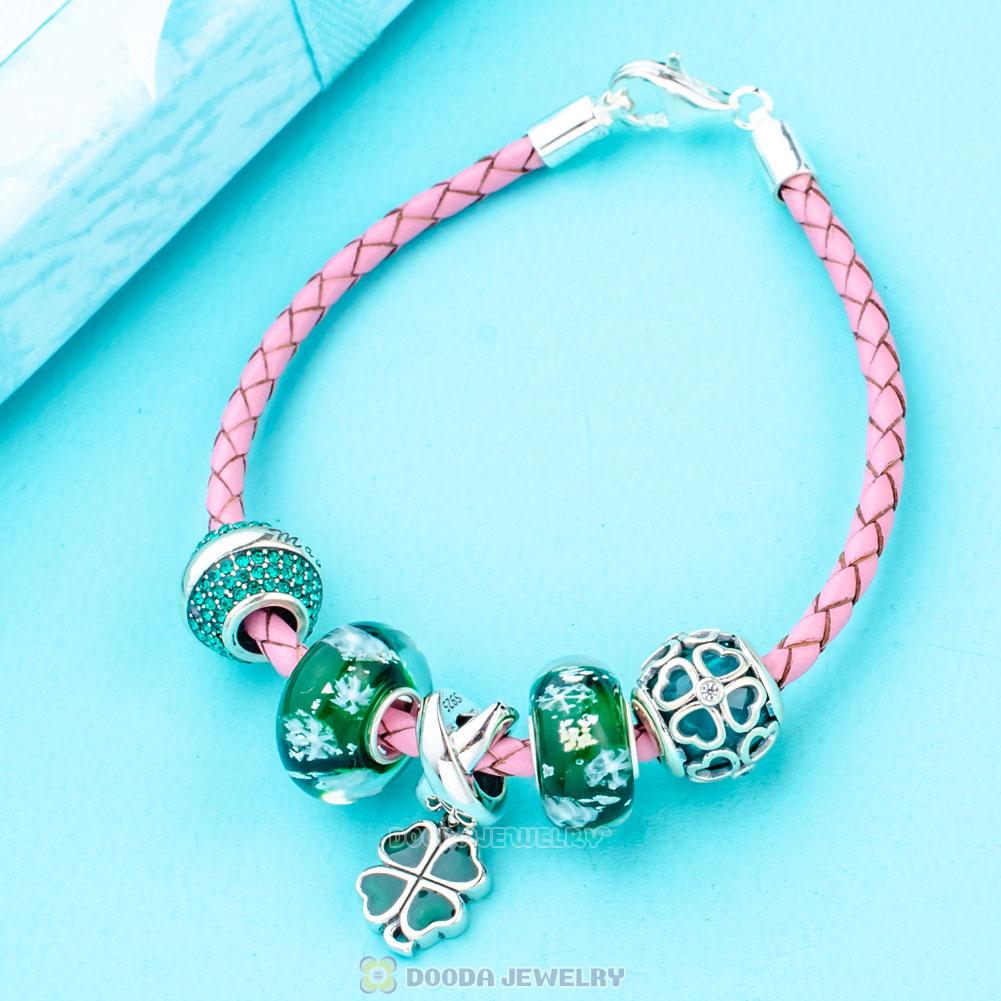 St Patrick Shamrock Braided Leather Green Bracelet Charms