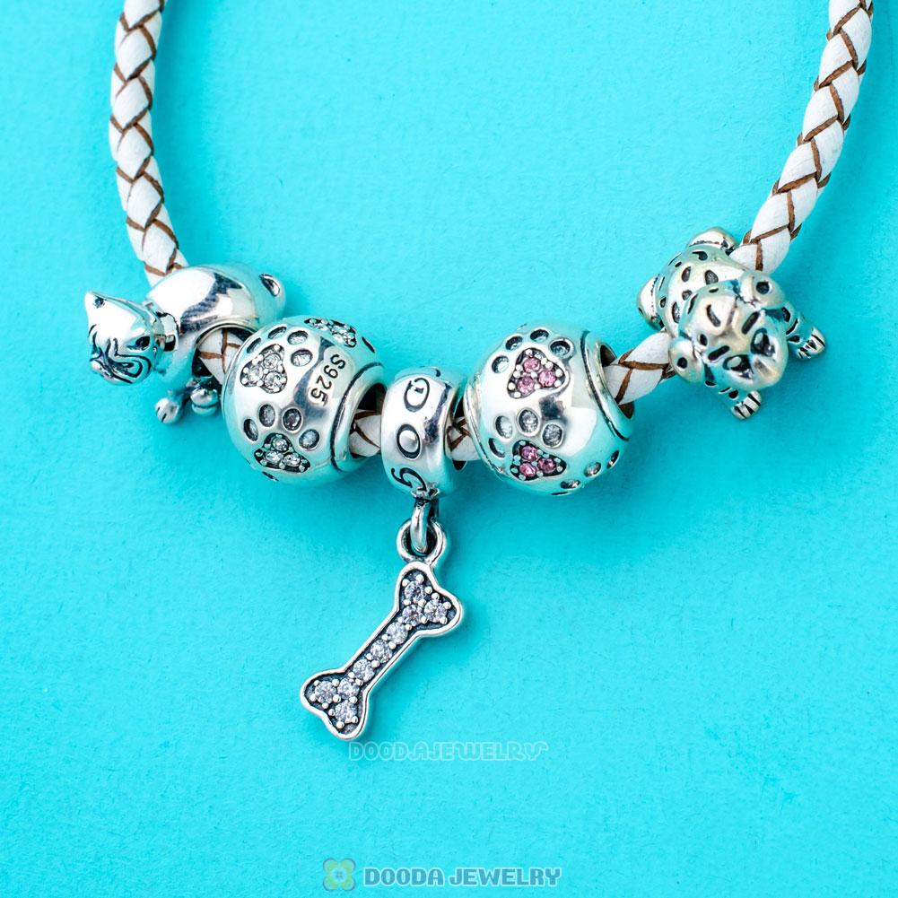 White Braided Leather Pet Dog Bracelet Charms