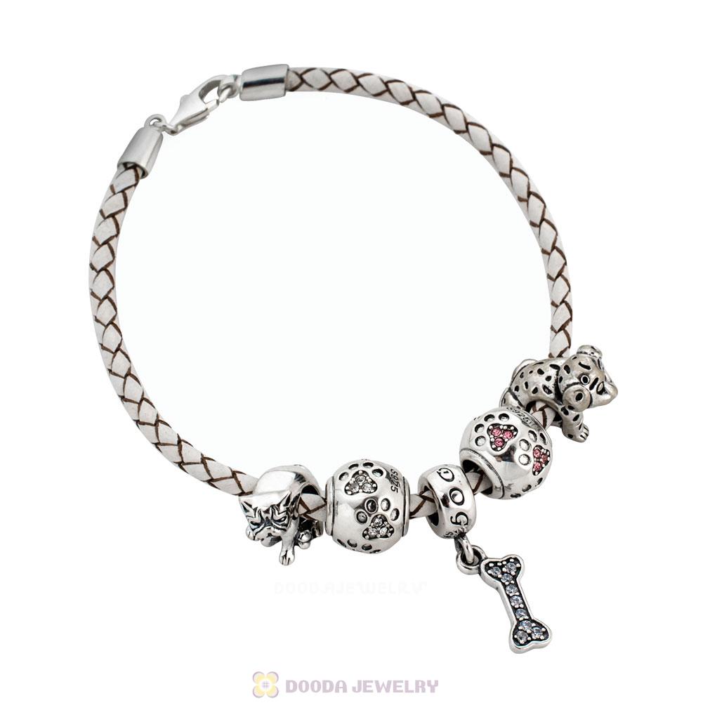 White Braided Leather Pet Dog Bracelet Charms