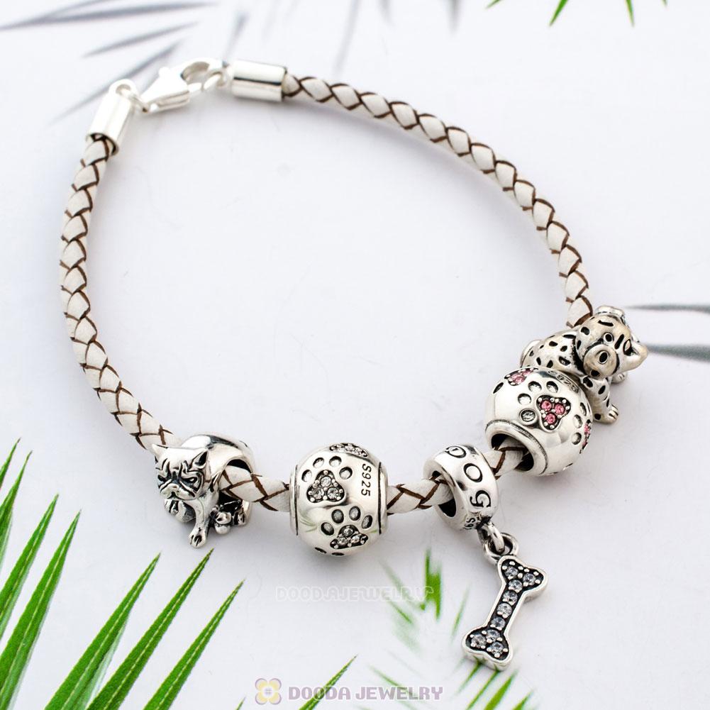 White Braided Leather Pet Dog Bracelet Charms