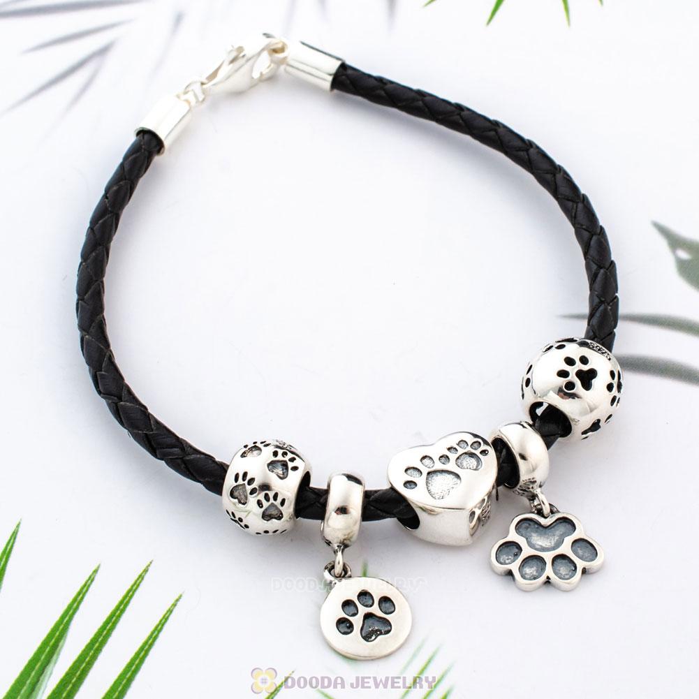 Sterling Silver Black Braided Leather Animal Paw Print Bracelet Charms