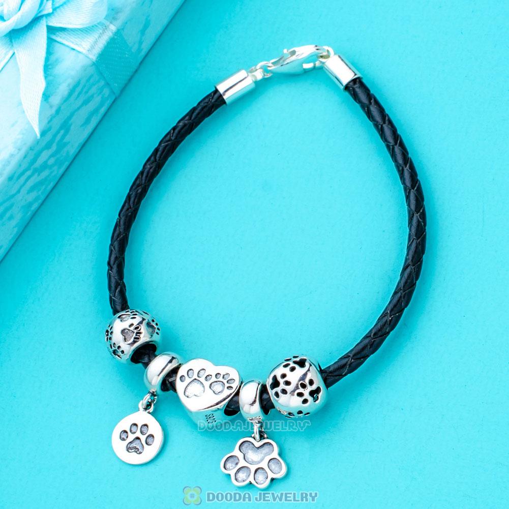 Sterling Silver Black Braided Leather Animal Paw Print Bracelet Charms