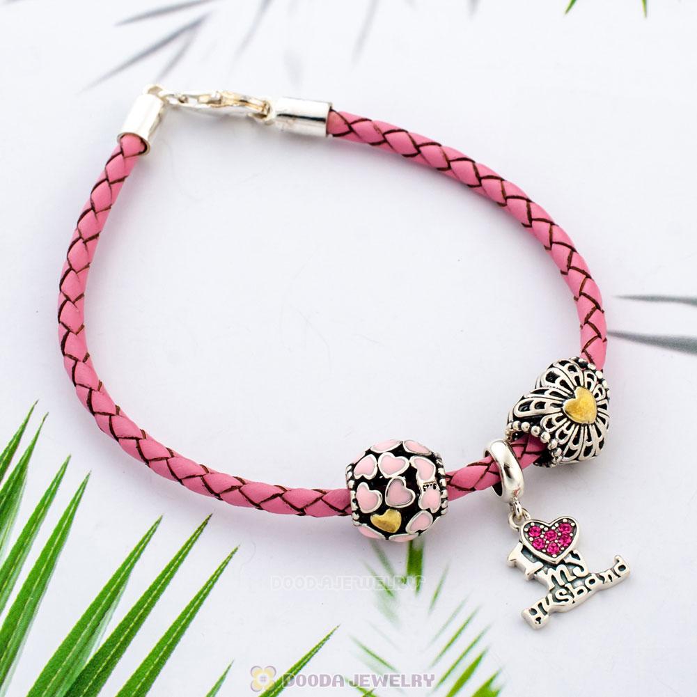 Pink Braided Leather Valentines with Love Bracelet Charms From Husband