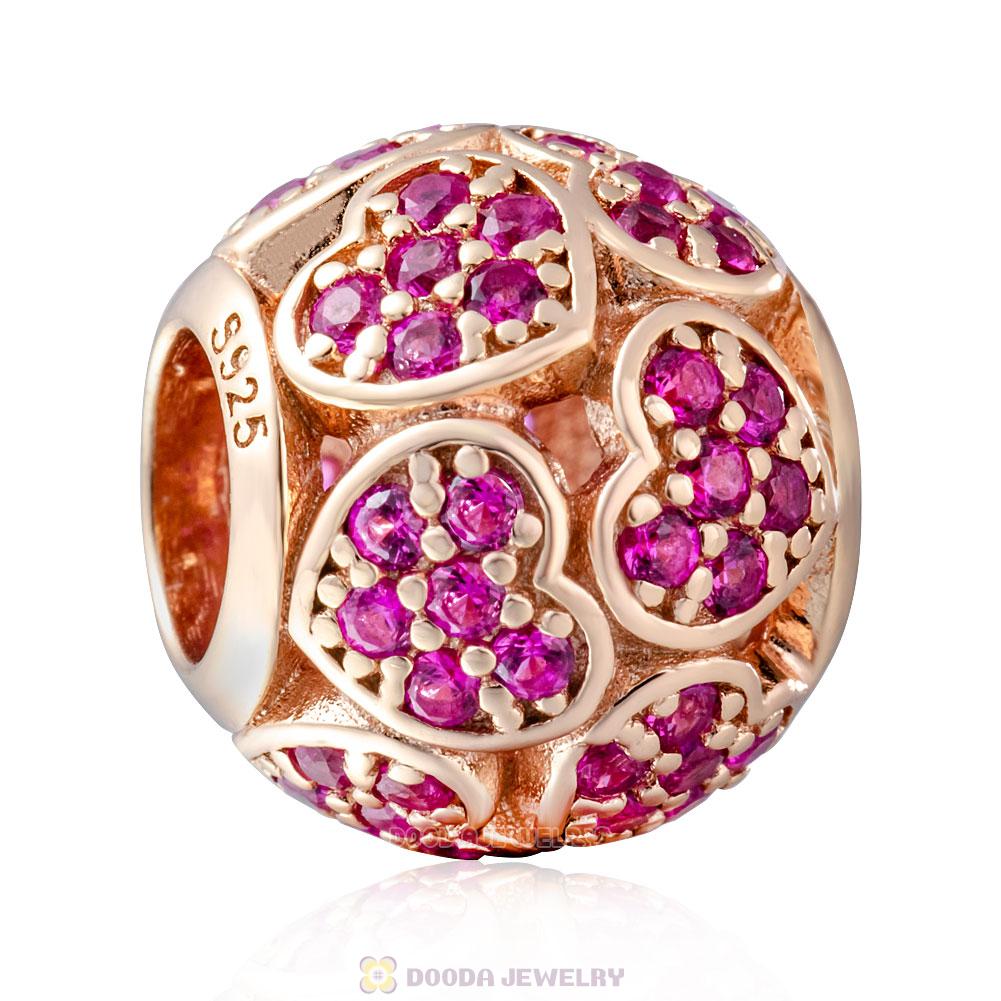 Rose Gold Trumbling Heart Charm Bead with Fuchsia Zircon