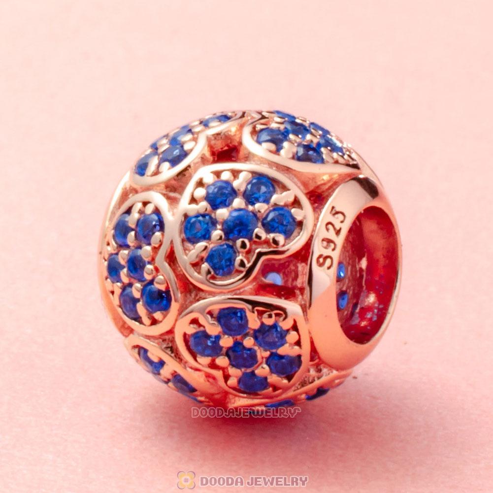 Rose Gold Trumbling Heart Charm Bead with Blue Zircon