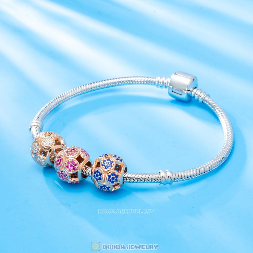 Rose Gold Circle Charm Bead with Blue Zircon