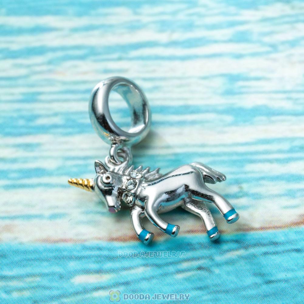 Dangle Unicorn Charms with Blue Enamel and Crystal